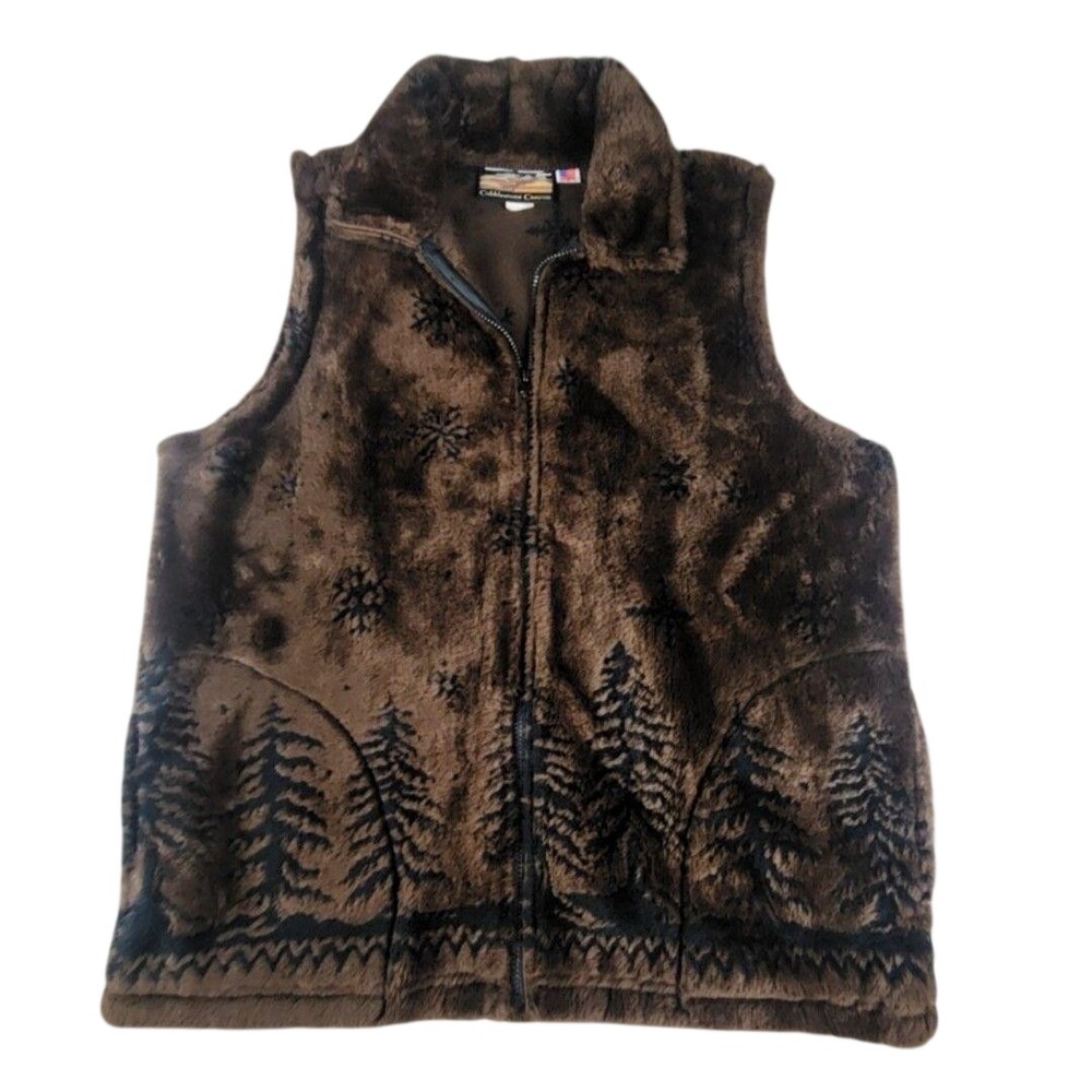 Cobblestone Canyon Vest Womens 2X Brown Fleece Full Zip Trees Snowflakes USA